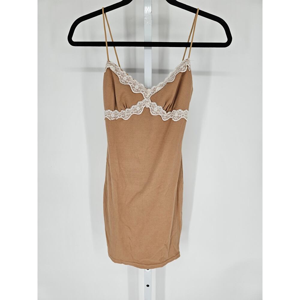 Shein Women's Strapless Tan Ruffle Mesh Lace Slip Dress Size XS